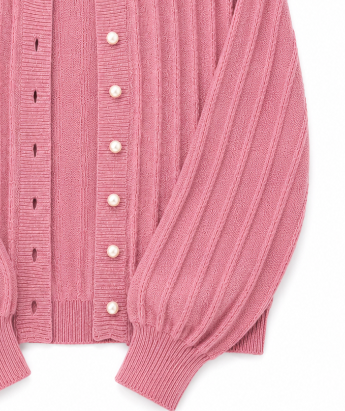 Lumina Wear Sophia pink knit cardigan with open front, cozy sweater featuring long sleeves and a relaxed fit.