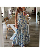 Blue Dahlia™ floral maxi dress by Lumina Vancouver, flowing design with vibrant floral patterns, perfect for summer occasions.