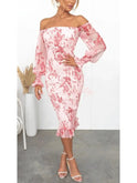 Pink Dahlia off-shoulder midi dress by Lumina Wear, featuring a stylish design and elegant fit, suitable for special occasions.
