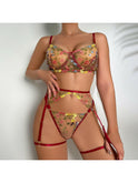 Yellow Daisy 3-piece French lingerie set by Lumina Wear featuring sexy lace bra, panties, and garter belt on a model.