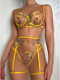 Yellow Daisy 3-piece French lingerie set by Lumina Wear featuring sexy lace bras and matching panties.