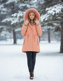 Daisy Lumina Wear cozy faux-fur lined parka coat with adjustable fit in tangerine, showing the front view and plush interior.