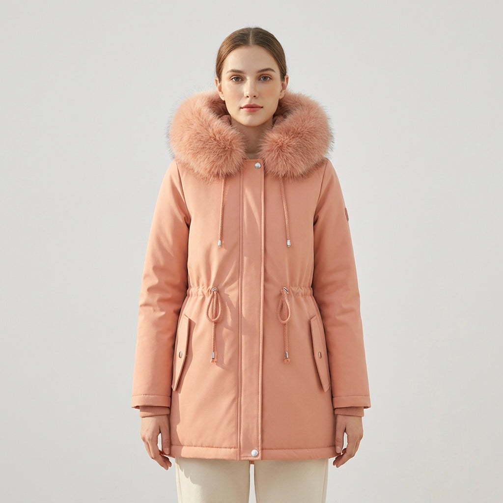 Daisy Lumina Wear cozy faux-fur lined parka coat with adjustable fit in tangerine, shown in XS size.