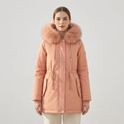 Daisy Lumina Wear cozy faux-fur lined parka coat with adjustable fit in tangerine, shown in XS size.