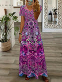 Red vintage V-neck dress by Lumina Wear featuring a classic silhouette and floral Daisy pattern, displayed on a mannequin.