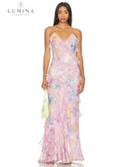 Pink Darcel sleeveless long dress by Lumina Vancouver, perfect for wedding guests, shown on a model.