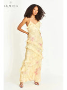 Pink Darcel sleeveless long wedding guest dress by Lumina Vancouver, showing elegant fabric and fitted silhouette.