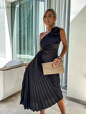 Green Dariella Romantic Flower one-shoulder dress by Lumina Wear, featuring floral details, perfect for wedding guests.