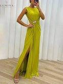 Yellow Davina pleated maxi evening dress by Lumina Wear, featuring elegant pleats and a flowing design for formal occasions.