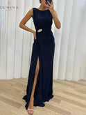 Yellow Davina pleated maxi evening dress by Lumina Wear, featuring elegant pleats and a flowing silhouette for formal occasions.