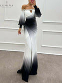 Lumina Wear Delia gradient off-shoulder evening dress with flowing fabric, perfect for wedding guests or elegant evening events.