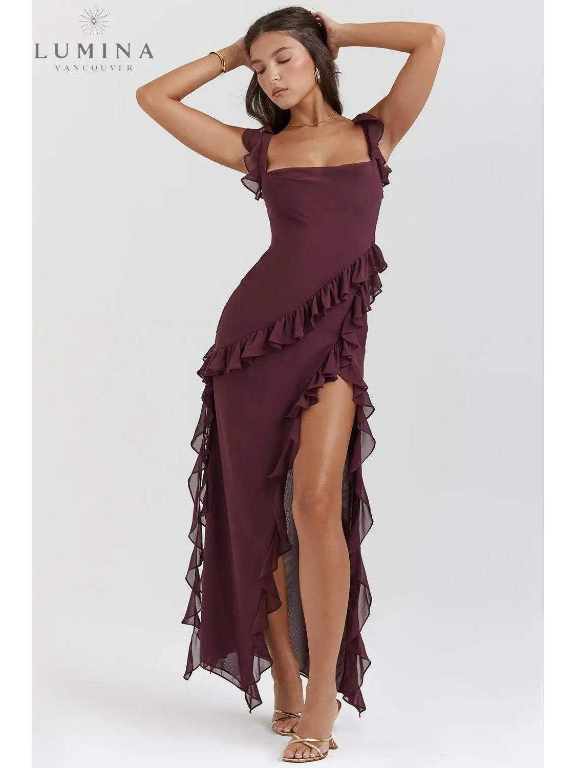 Brown Jacqueline maxi dress by Lumina Wear, featuring a comfortable and stylish design, perfect for casual or special occasions.