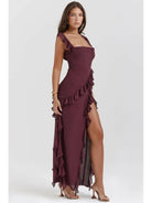 Brown Jacqueline Lumina Vancouver maxi dress featuring a comfortable, flowing design for casual or elegant wear.