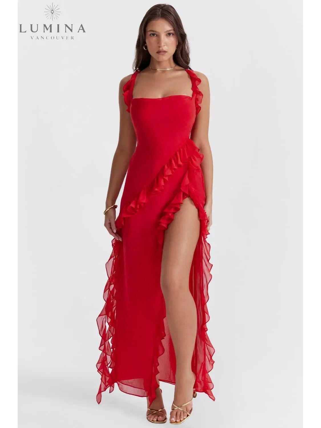 Delilah brown maxi dress by Lumina Vancouver, featuring a comfortable and elegant design for casual or dressy occasions.