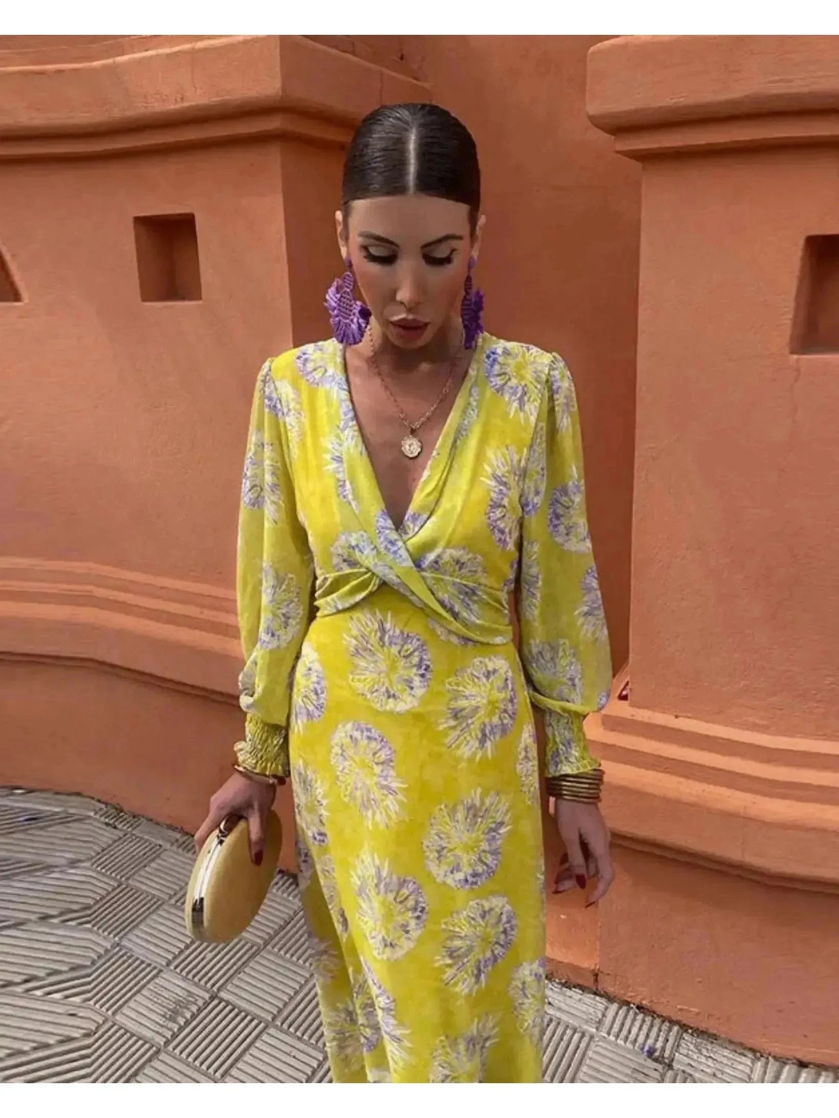 Yellow Huguette Print Twisted Midi Dress by Lumina Vancouver, featuring a vibrant Delilah print and twisted design.