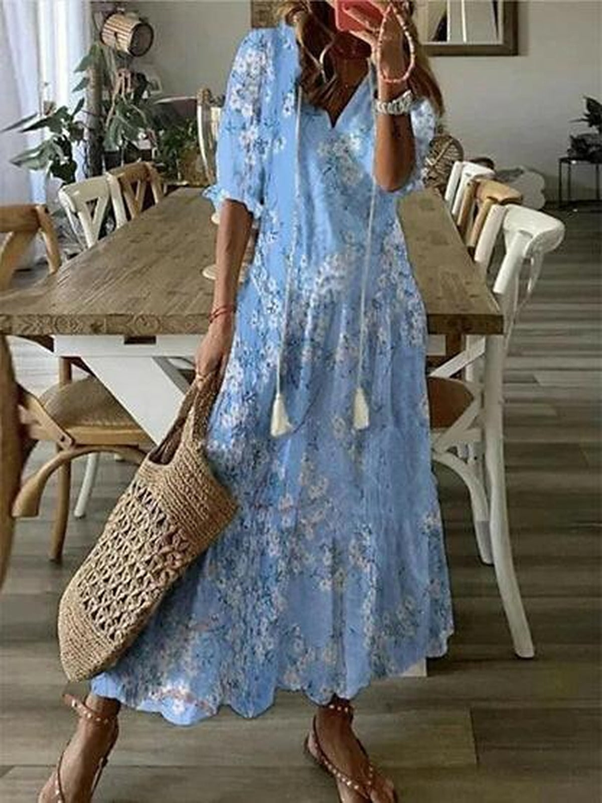 Blue Dianna Boho Tummy Coverage Dress by Lumina Wear, featuring flowy fabric and relaxed fit, perfect for casual summer wear.
