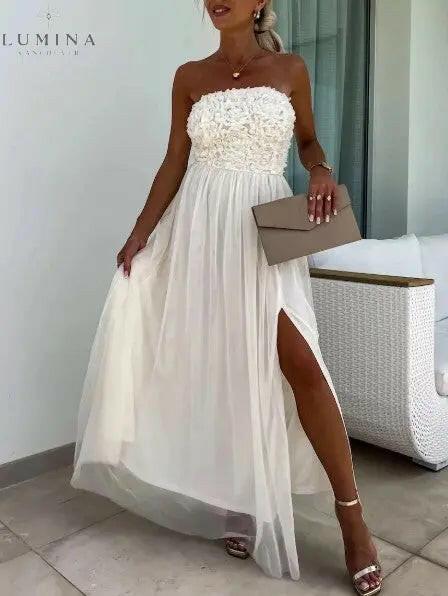 Lumina Wear Dorothy white one-shoulder flowy maxi dress, elegant evening dress perfect for wedding guests