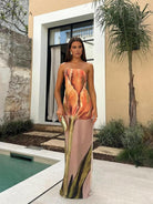 Dyantha floral print satin dress by Lumina Vancouver, perfect for holiday vibes, shown in a stylish, elegant design.