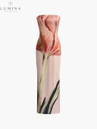 Dyantha floral print satin dress by Lumina Vancouver, perfect for holiday vibes, featuring vibrant floral patterns and elegant satin fabric.