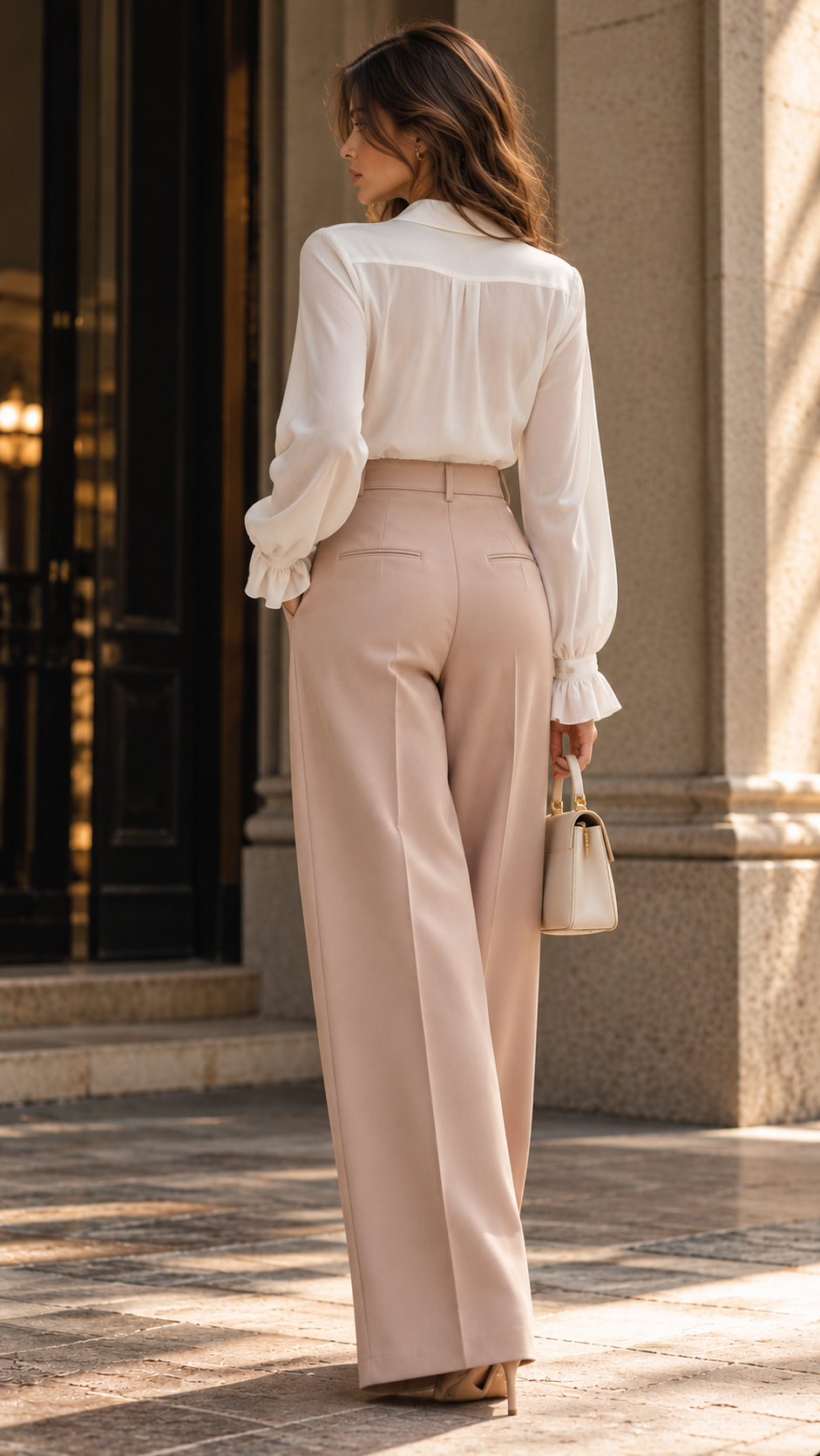 Lumina Wear Isabella tailored blazer with feather cuffs paired with matching straight-leg trousers, stylish and sophisticated suit ensemble.