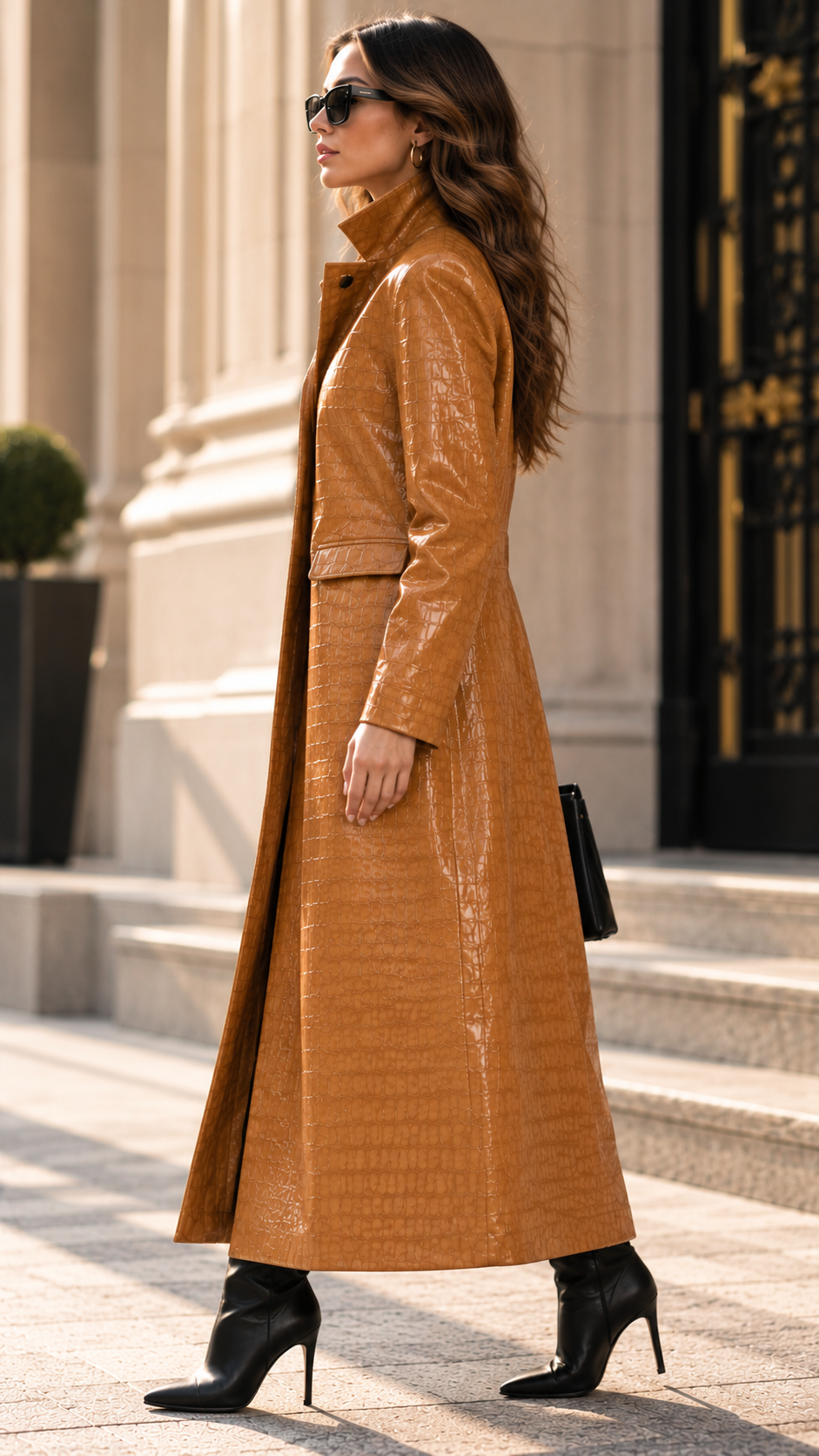 Lumina Wear croc-embossed faux leather trench coat with belted waist in Constance style