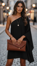 Black Eclipse Nightfall one-shoulder draped mini dress by Lumina Wear, featuring elegant asymmetrical design and stylish fit.