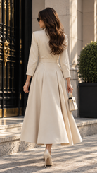 Ivory belted power jumpsuit from Lumina Wear featuring a tailored fit and wide-leg design, shown on a mannequin.