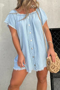 Black Elara off-shoulder denim mini dress by Lumina Wear, shown on a model with a fitted silhouette and casual style.