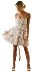 Pink Yrsa tiered ruffle mini dress by Lumina Vancouver, featuring layered fabric and a stylish, feminine silhouette.