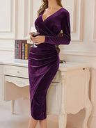 Women's Velvet Wrap Dress - V-Neck - Long Sleeve - Knee-Length Elegant Formal Wear by Lumina Vancouver