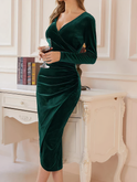 Black Velvet Wrap Mini Dress with V-Neck by Lumina Wear, featuring a fitted silhouette and elegant design.