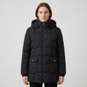 Lumina Wear Eleanor puffer jacket with hood, sculpted belt, and scallop quilting in brown, designed for women.