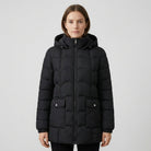 Women's brown Lumina Eleanor puffer jacket with hood, sculpted belt, and scallop quilting, perfect for cold weather.