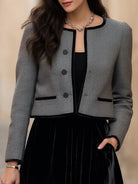 Elegant Lumina Vancouver cropped jacket with black velvet trim, shown in gray, stylish and tailored for a sophisticated look.