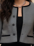Elegant Lumina Vancouver cropped jacket with black velvet trim, featuring a stylish design and gray color, perfect for sophisticated wear.