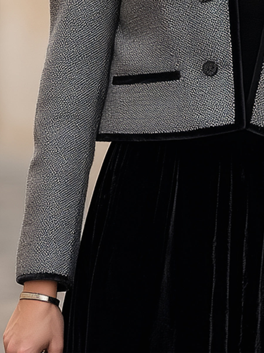 Elegant Lumina Vancouver cropped jacket with black velvet trim, featuring a stylish design and fitted silhouette.