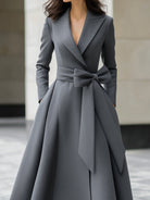 Grey Yvette A-line coat dress with bow belt detail by Lumina Vancouver, featuring a tailored silhouette and stylish design.
