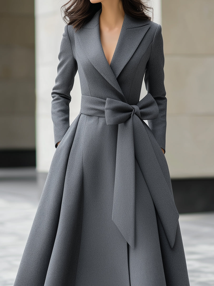 Grey Yvette A-line coat dress with bow belt detail by Lumina Vancouver, featuring a tailored silhouette and stylish design.