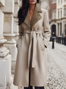 Beige Dorothea belted coat by Lumina Vancouver with a stylish leopard print collar, shown on a model.