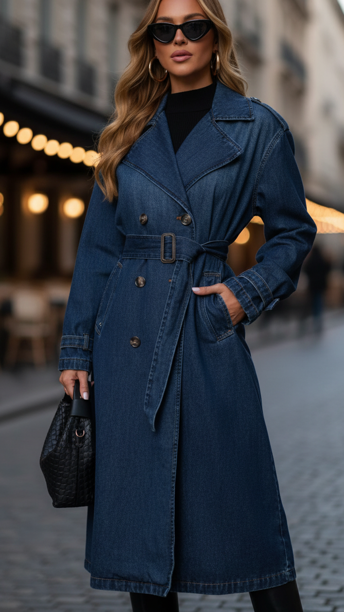 Blue Elena belted denim trench dress with gold buttons by Lumina Vancouver, shown on a model.