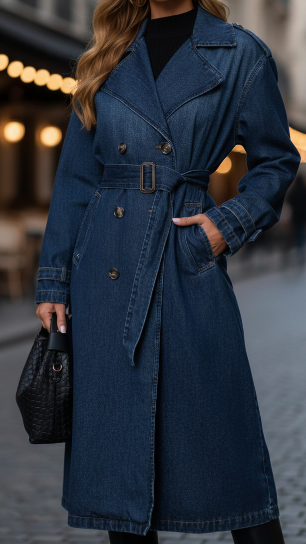 Blue Elena belted denim trench dress with gold buttons by Lumina Vancouver, shown on a model.
