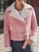 Corinne belted jacket in soft pink corduroy with sherpa lining, by Lumina Vancouver, shown on a model.