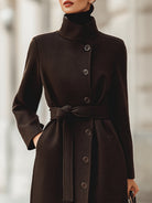 Brown Georgie belted wool blend maxi coat by Lumina Vancouver, shown on a model, featuring a stylish belted design and long length.