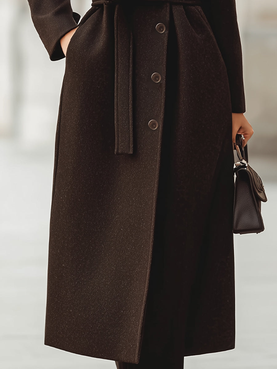 Brown Georgie belted wool blend maxi coat by Lumina Vancouver, shown on a model, featuring a stylish belt and tailored fit.