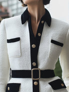 White blazer jacket with black velvet collar, by Lumina Vancouver, shown in size XS on a model.