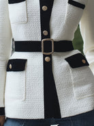 White blazer jacket with black velvet collar by Lumina Vancouver, featuring a tailored fit and stylish design.