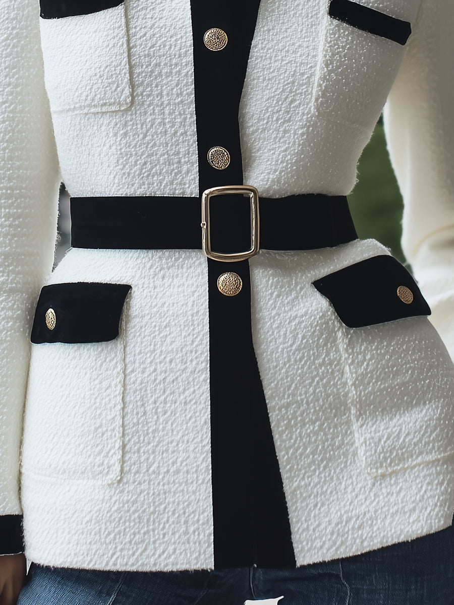 White blazer jacket with black velvet collar by Lumina Vancouver, featuring a tailored fit and stylish design.