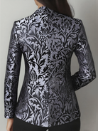 Black satin jacquard blazer by Lumina Wear featuring tailored fit and elegant design, displayed on a mannequin.