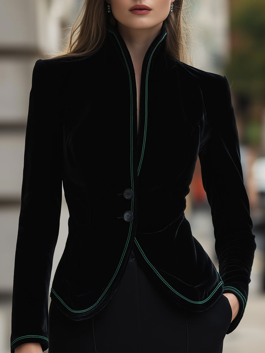 Black Aurelie blazer with contrast trim from Lumina Wear, shown on a model, featuring tailored fit and stylish design.