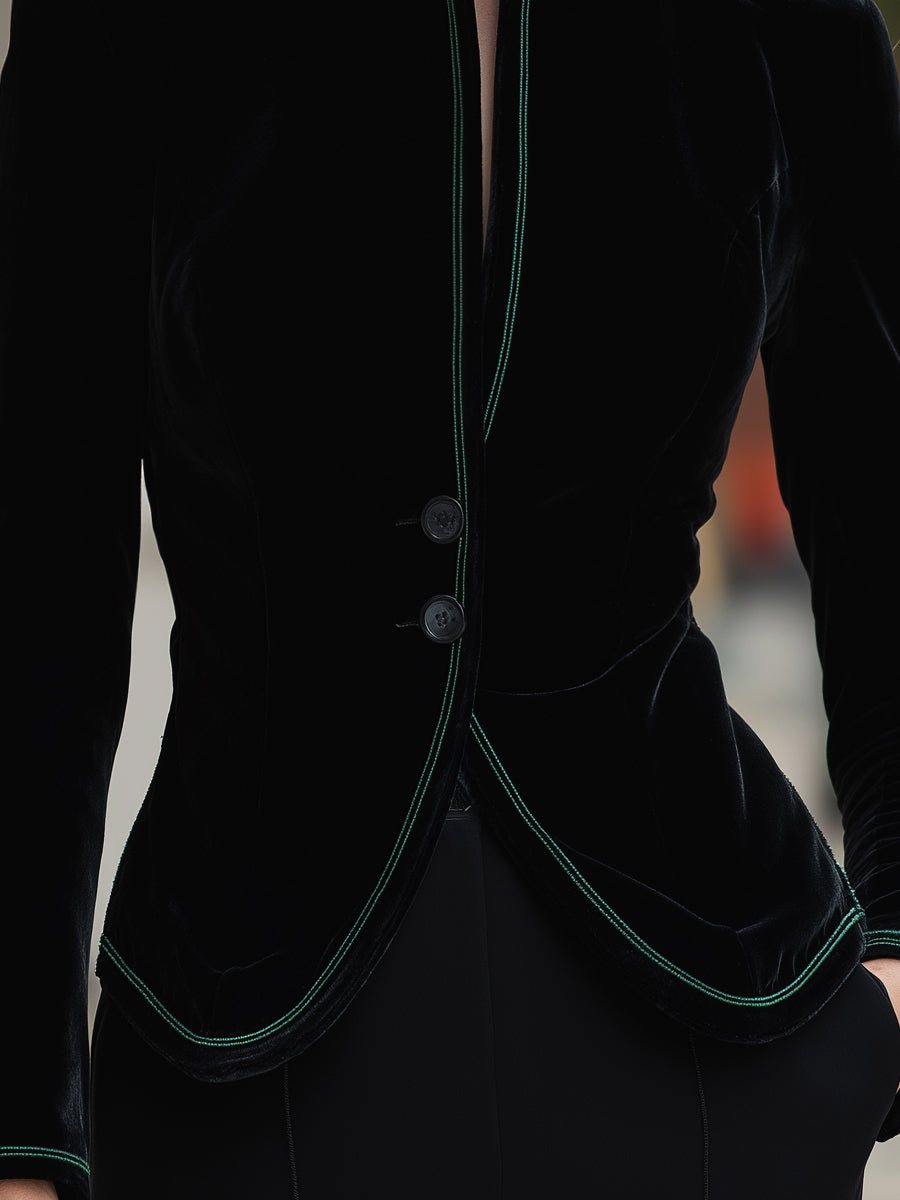Black Aurelie blazer with contrast trim from Lumina Wear, shown in XS size on a model.